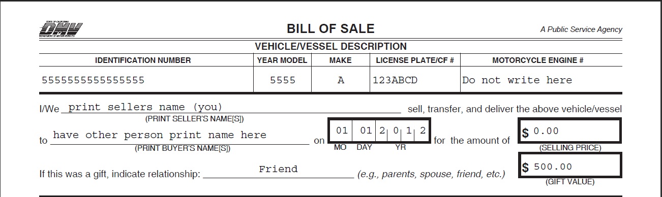 How do i write a bill of sale for a car